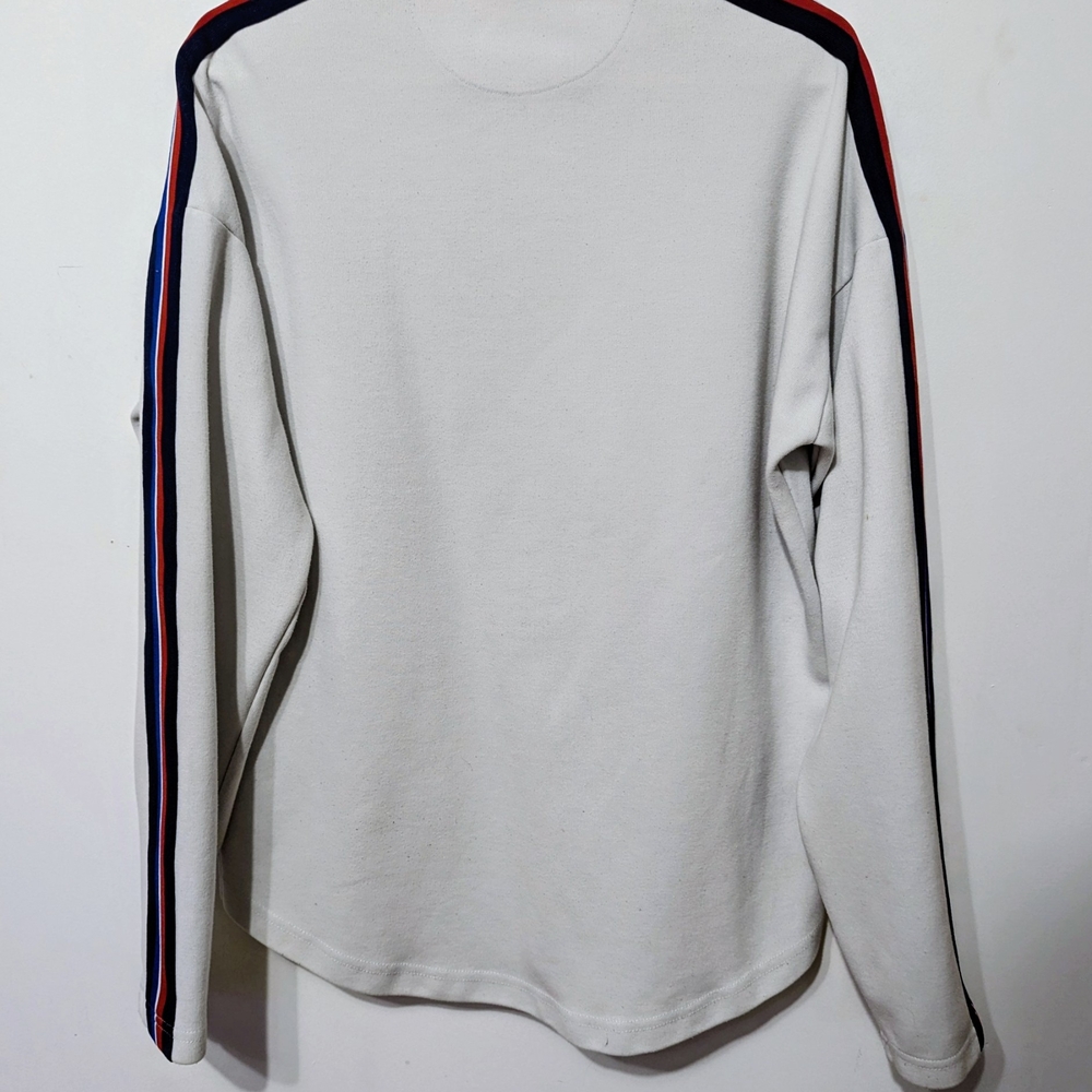 White Crewneck Sweater with Striped Sleeves - Picture 3 of 4